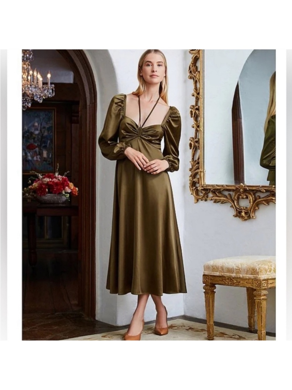 ANTONIO MELANI Olive Satin Long Sleeve Midi Dress with Front Bow